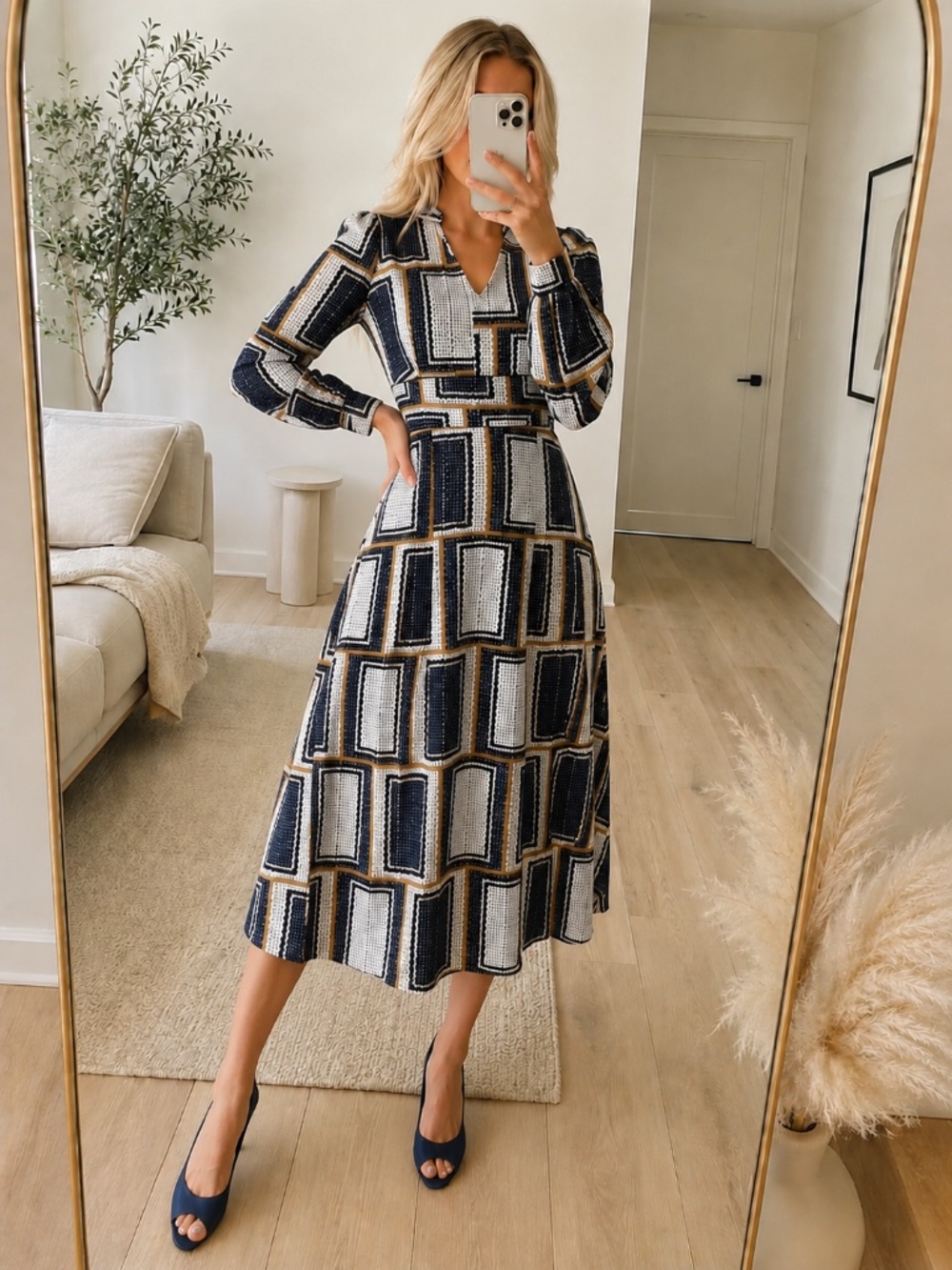 NWT Blue Mustard Geometric Midi Dress Large